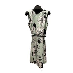 London Times Floral Aqua White Black Knee Length Size 14